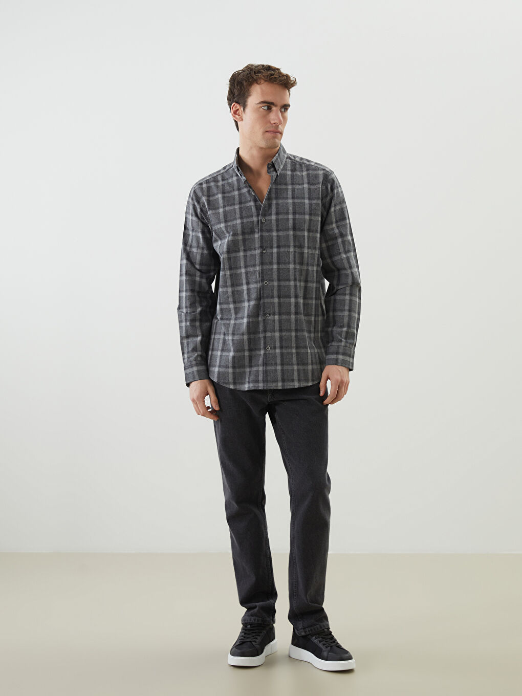 Lacivert Regular Fit Uzun Kollu Ekose Erkek Gömlek-1