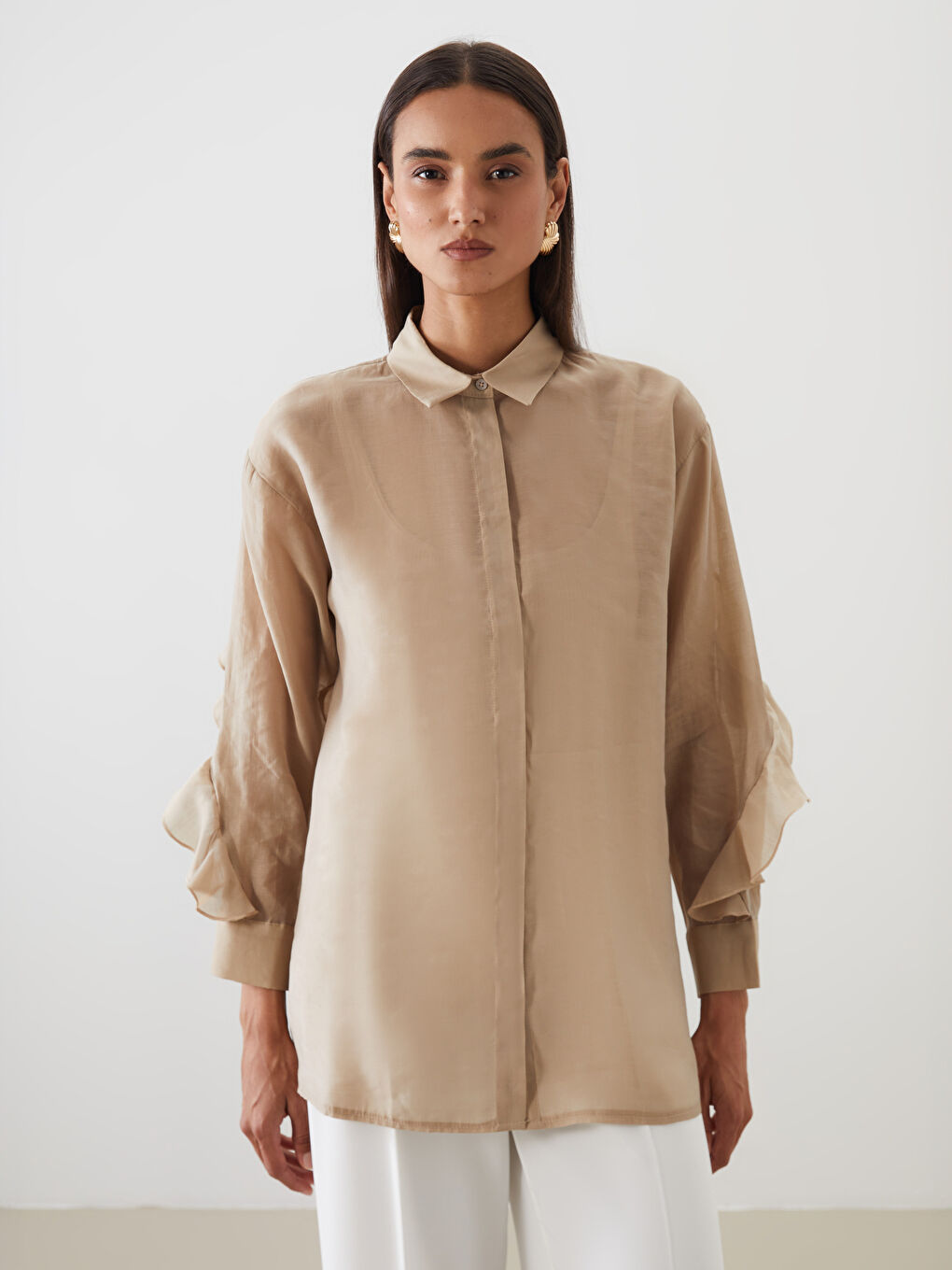 Bej Fırfırlı Kadın Gömlek Tunik