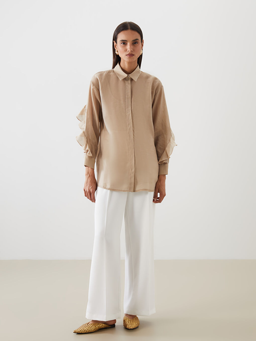 Bej Fırfırlı Kadın Gömlek Tunik-1