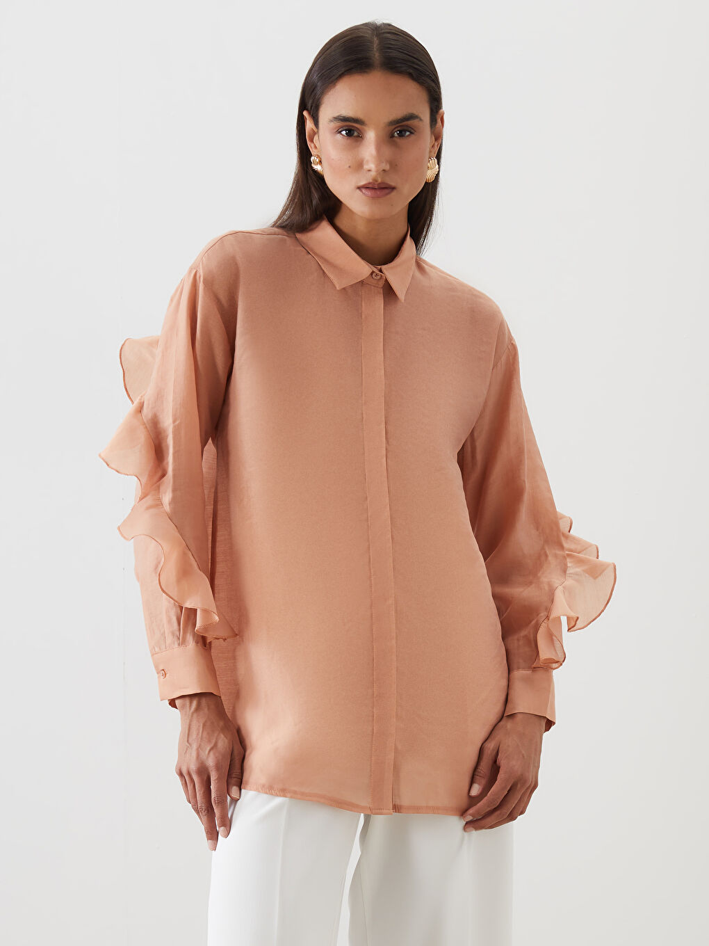 Kahverengi Fırfırlı Kadın Gömlek Tunik