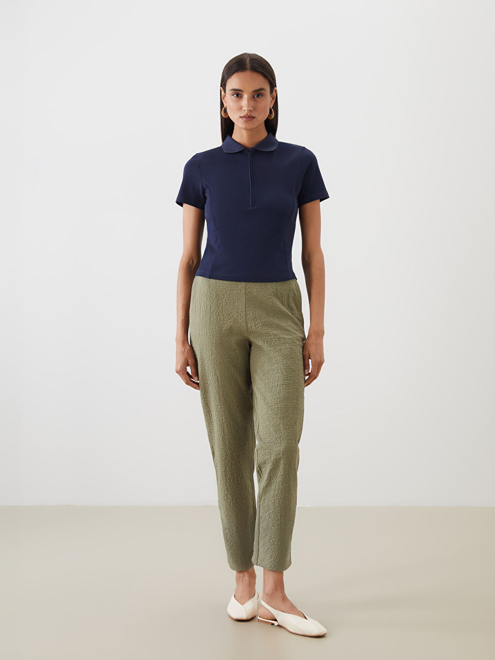 Haki Beli Lastikli Havuç Kesim Kadın Pantolon