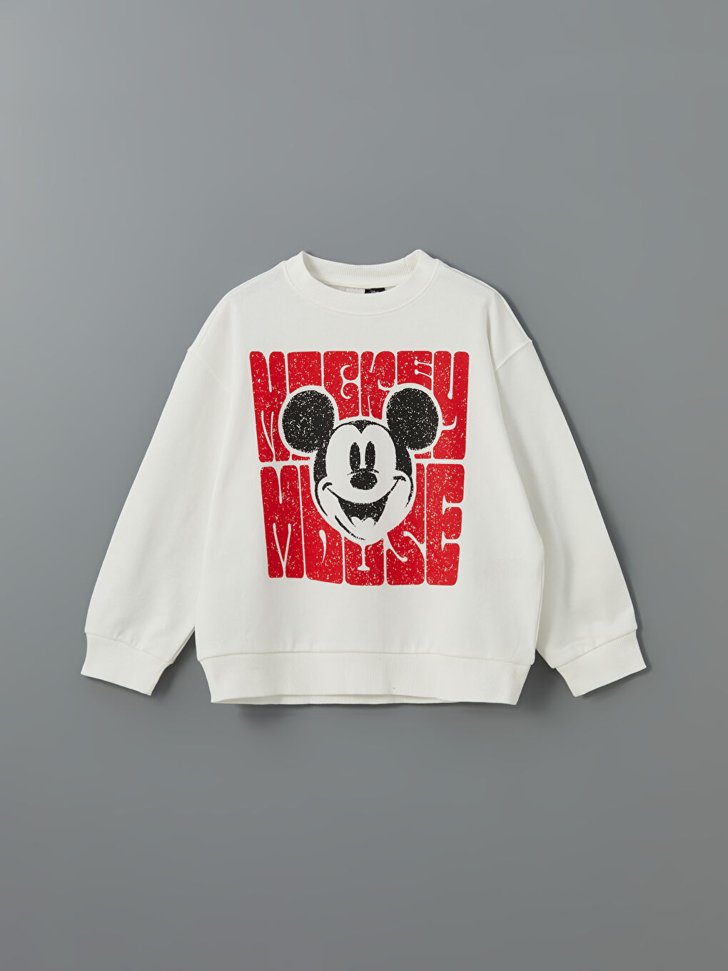 Ekru Bisiklet Yaka Mickey Mouse Baskılı Kız Çocuk Sweatshirt