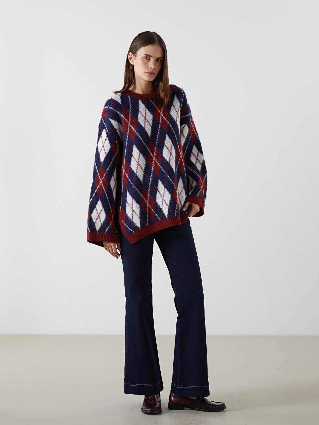 Crew Neck Diamond Patterned Women's Knitwear Sweater -S5MT16Z8-YYP