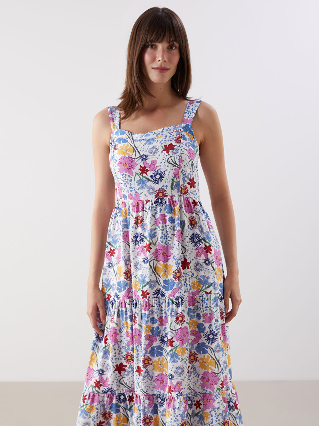 LCW Comfort Karişik Kare Yaka Çiçekli Poplin Elbise - 1