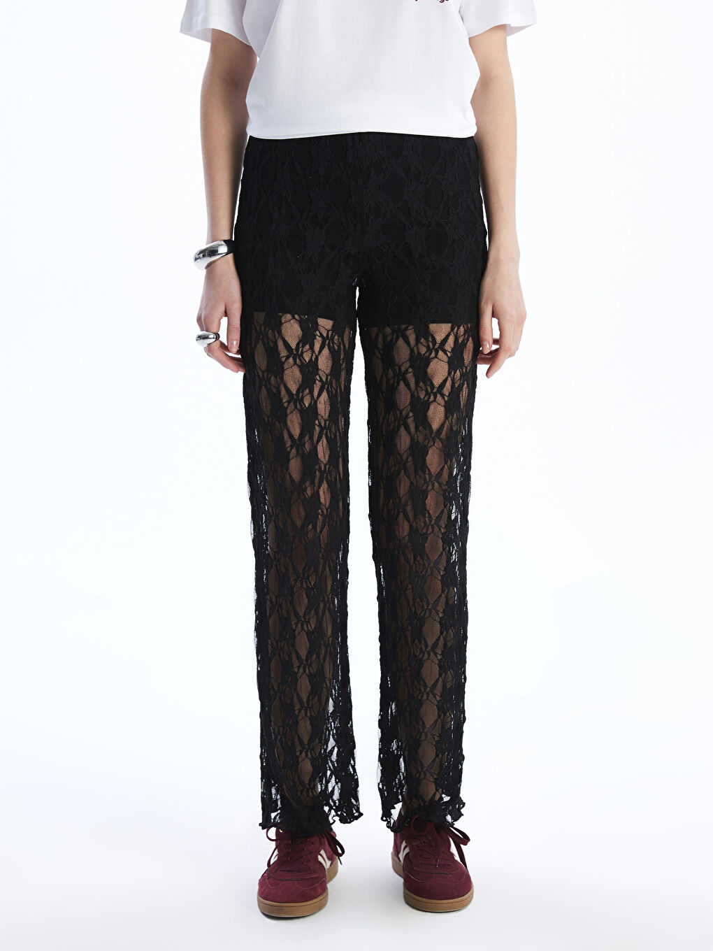 Siyah Beli Lastikli Dantelli Kadın Pantolon-1