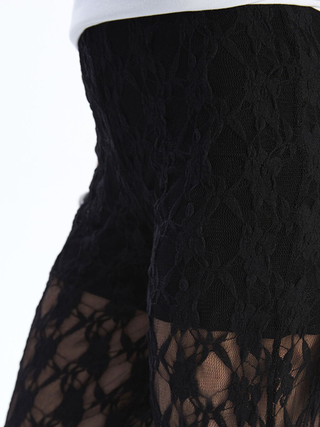 Siyah Beli Lastikli Dantelli Kadın Pantolon-2