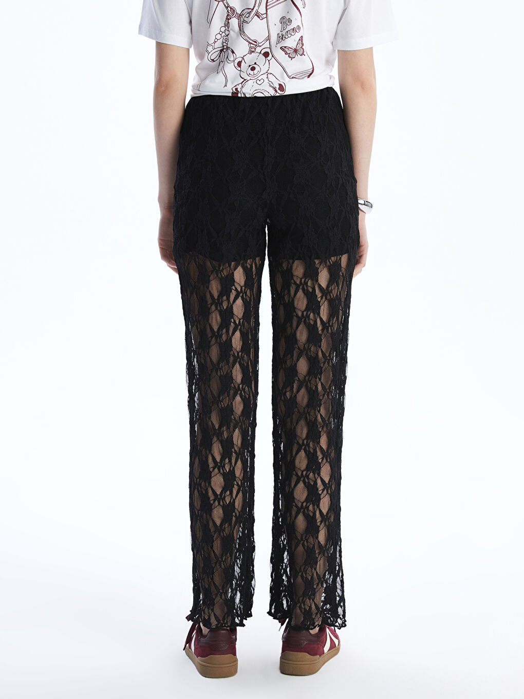 Siyah Beli Lastikli Dantelli Kadın Pantolon-3