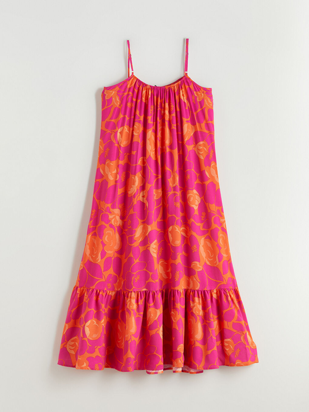 Pembe U Yaka Çiçekli Askılı Büzgülü A Kesim Elbise-4