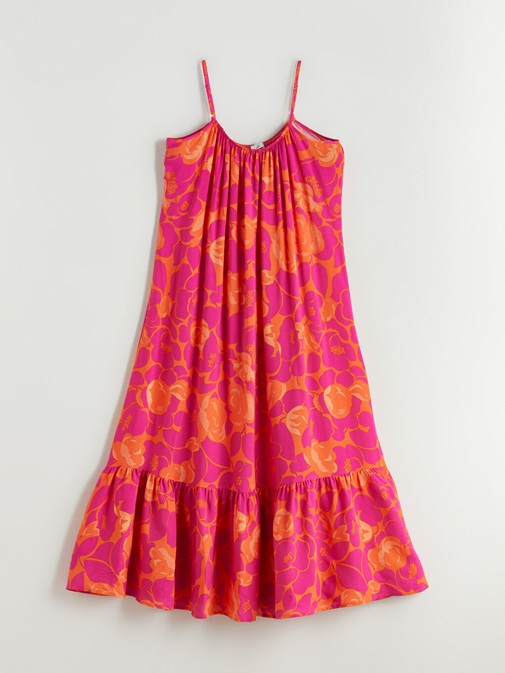 Pembe U Yaka Çiçekli Askılı Büzgülü A Kesim Elbise-5