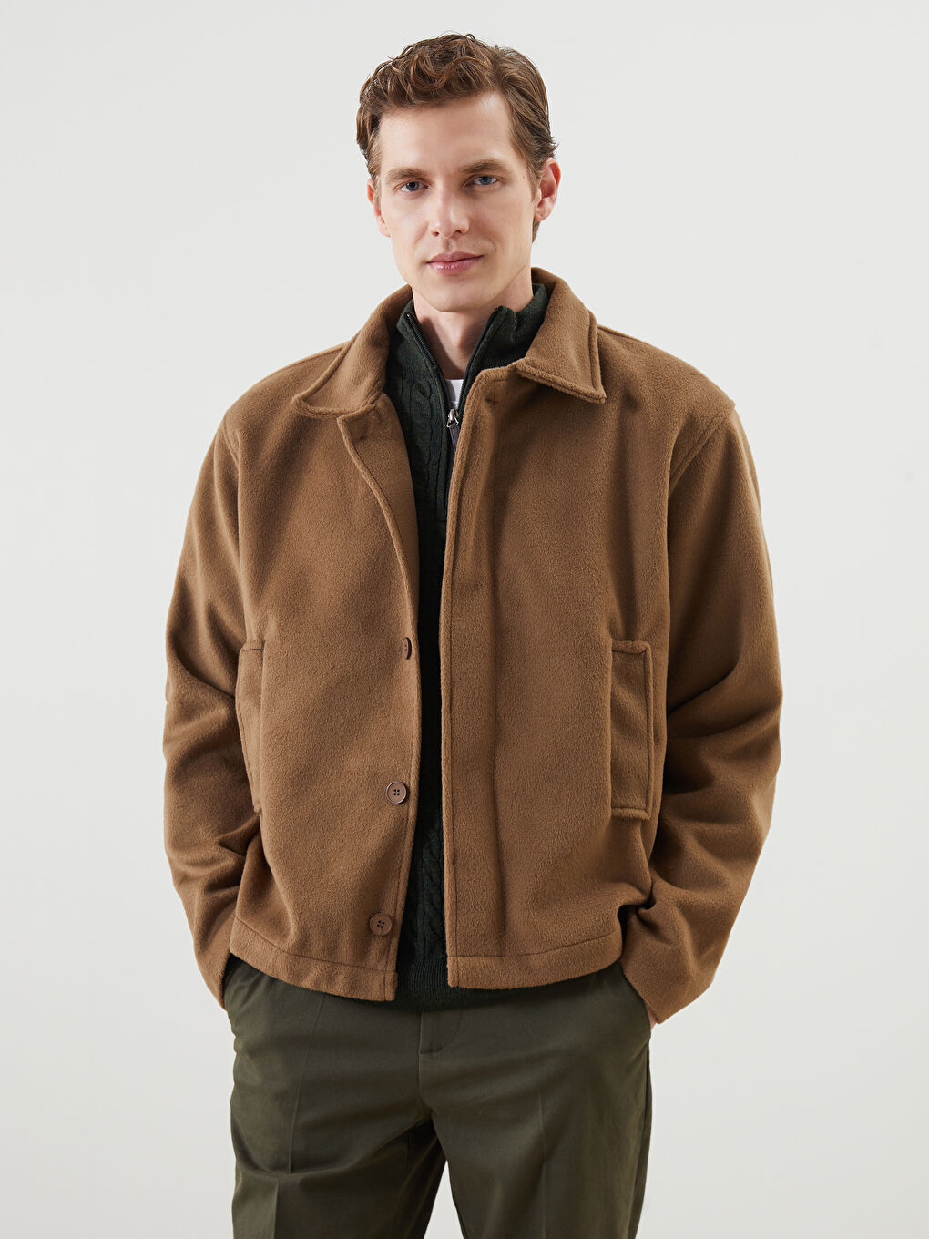 Kahverengi Rahat Kalıp Ceket Yaka Erkek Kaşe Kaban