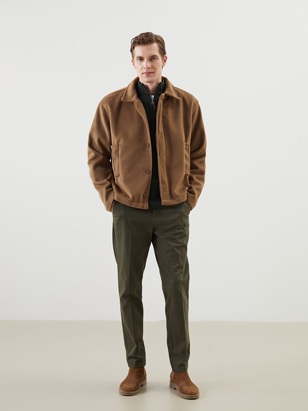 Kahverengi Rahat Kalıp Ceket Yaka Erkek Kaşe Kaban-1