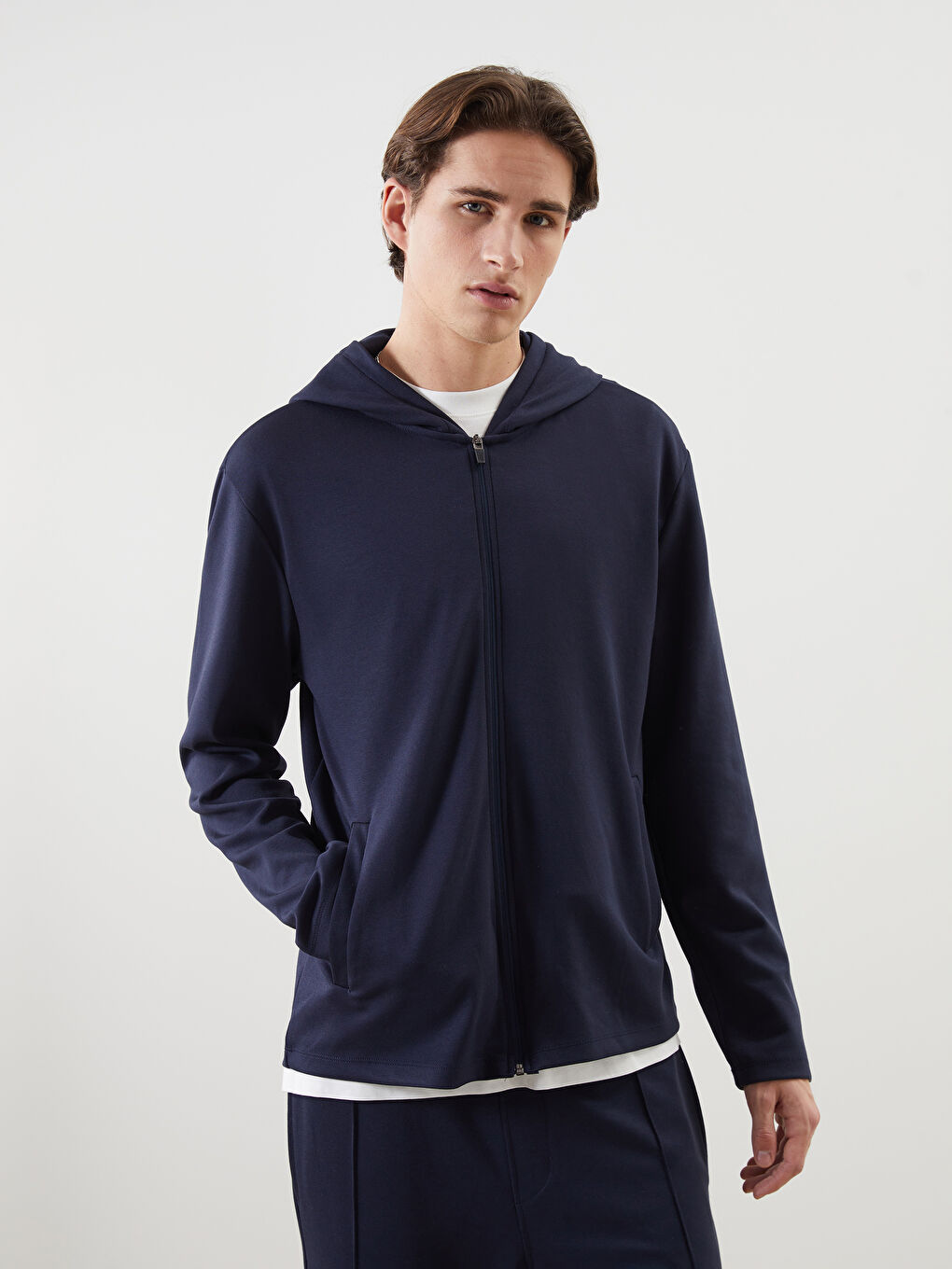 İndigo Kapüşonlu Uzun Kollu Erkek Fermuarlı Sweatshirt