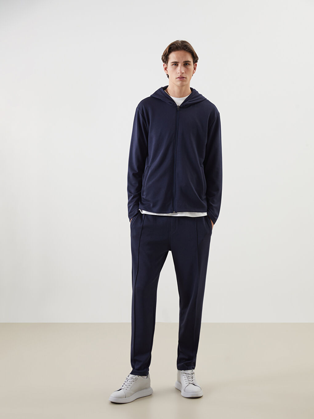 İndigo Kapüşonlu Uzun Kollu Erkek Fermuarlı Sweatshirt-1