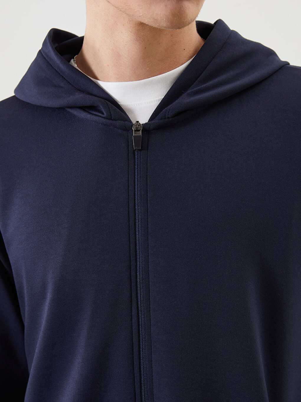 İndigo Kapüşonlu Uzun Kollu Erkek Fermuarlı Sweatshirt-2