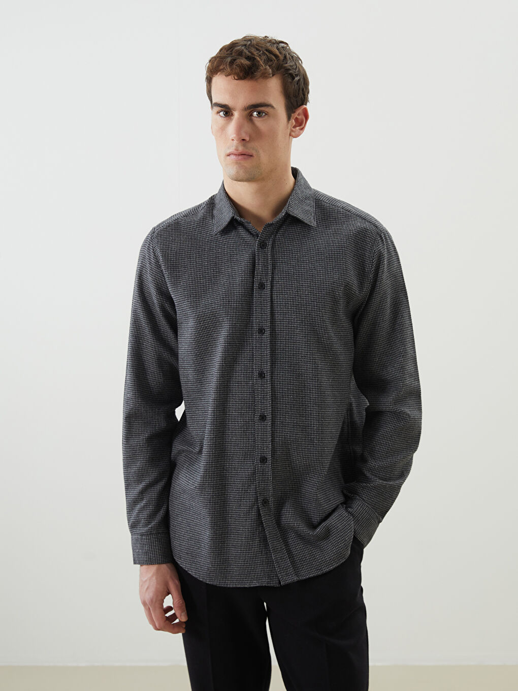 Gri Slim Fit Uzun Kollu Desenli Erkek Oduncu Gömlek