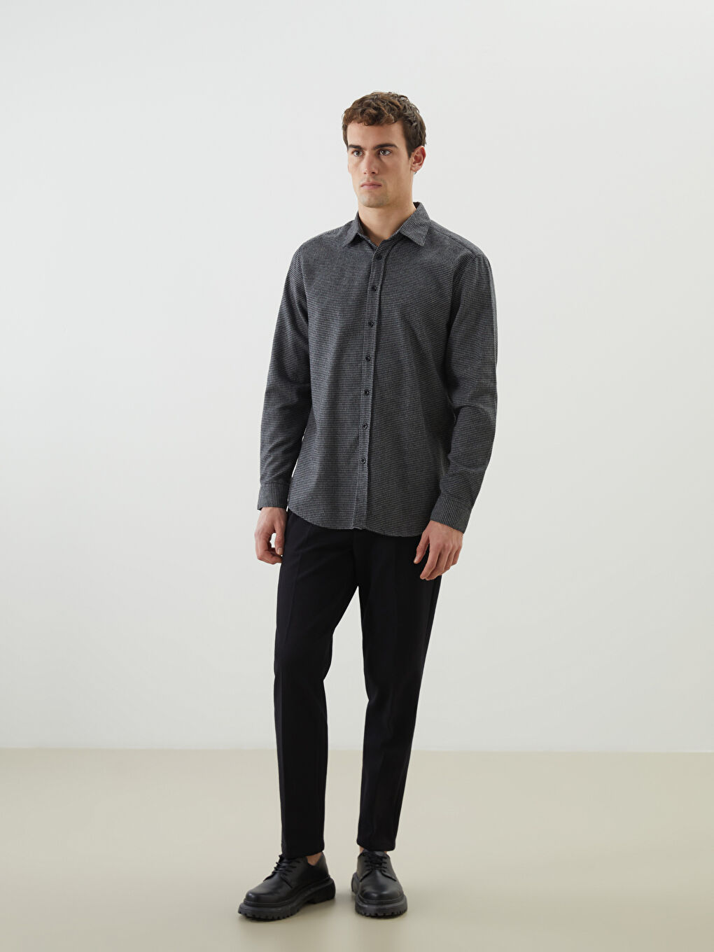 Gri Slim Fit Uzun Kollu Desenli Erkek Oduncu Gömlek-1