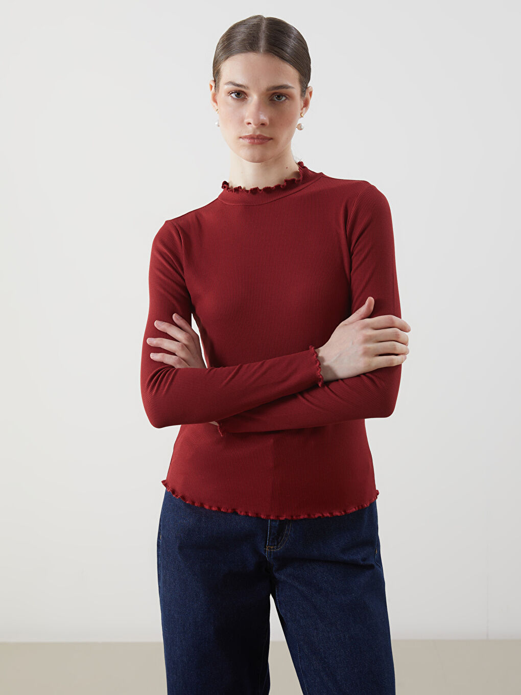 LCW Modest Bordo Dik Yaka Kadın Body