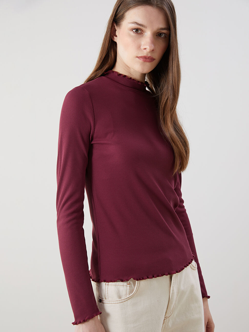 LCW Modest Bordo Dik Yaka Kadın Body