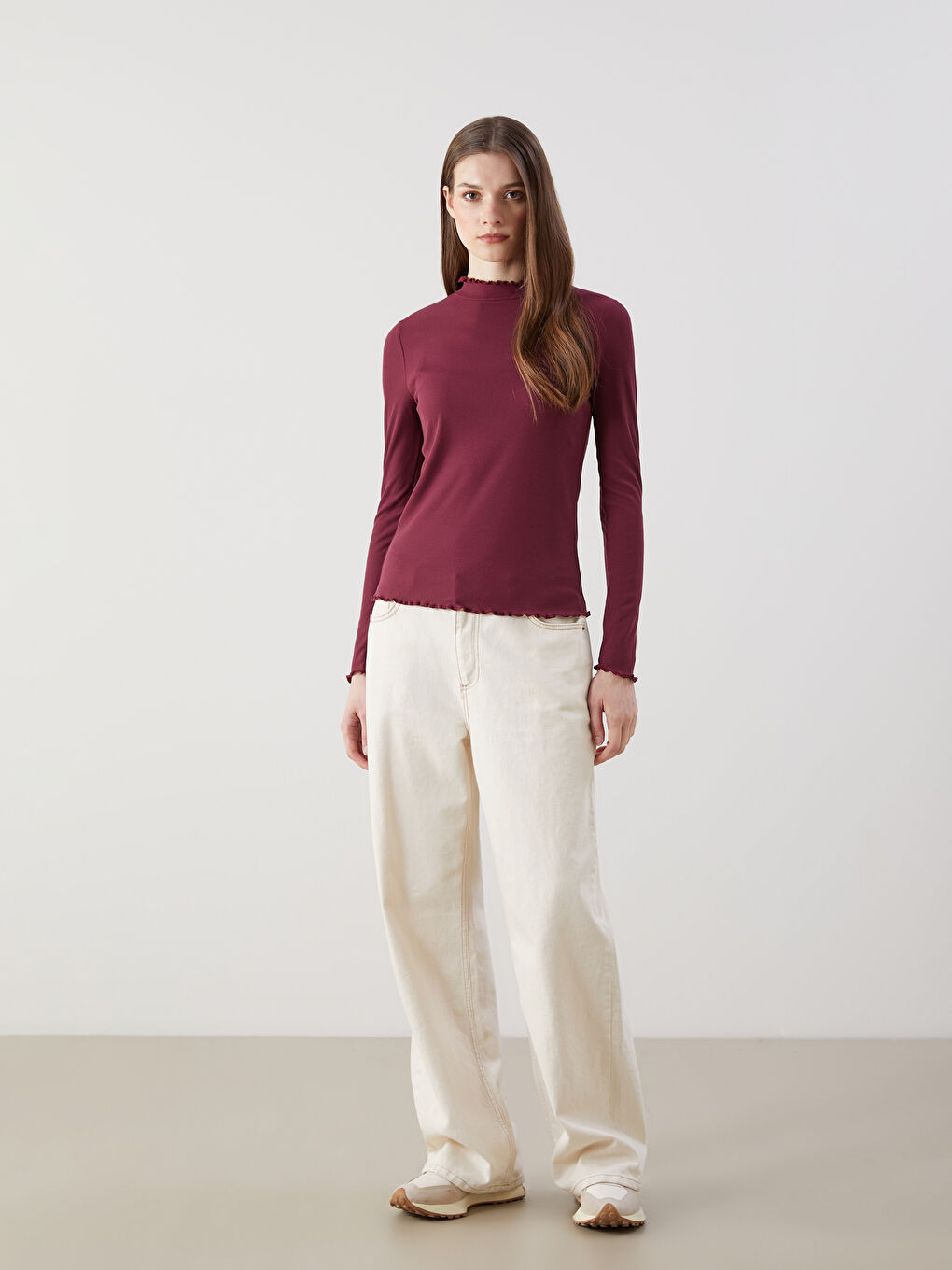LCW Modest Bordo Dik Yaka Kadın Body - 1