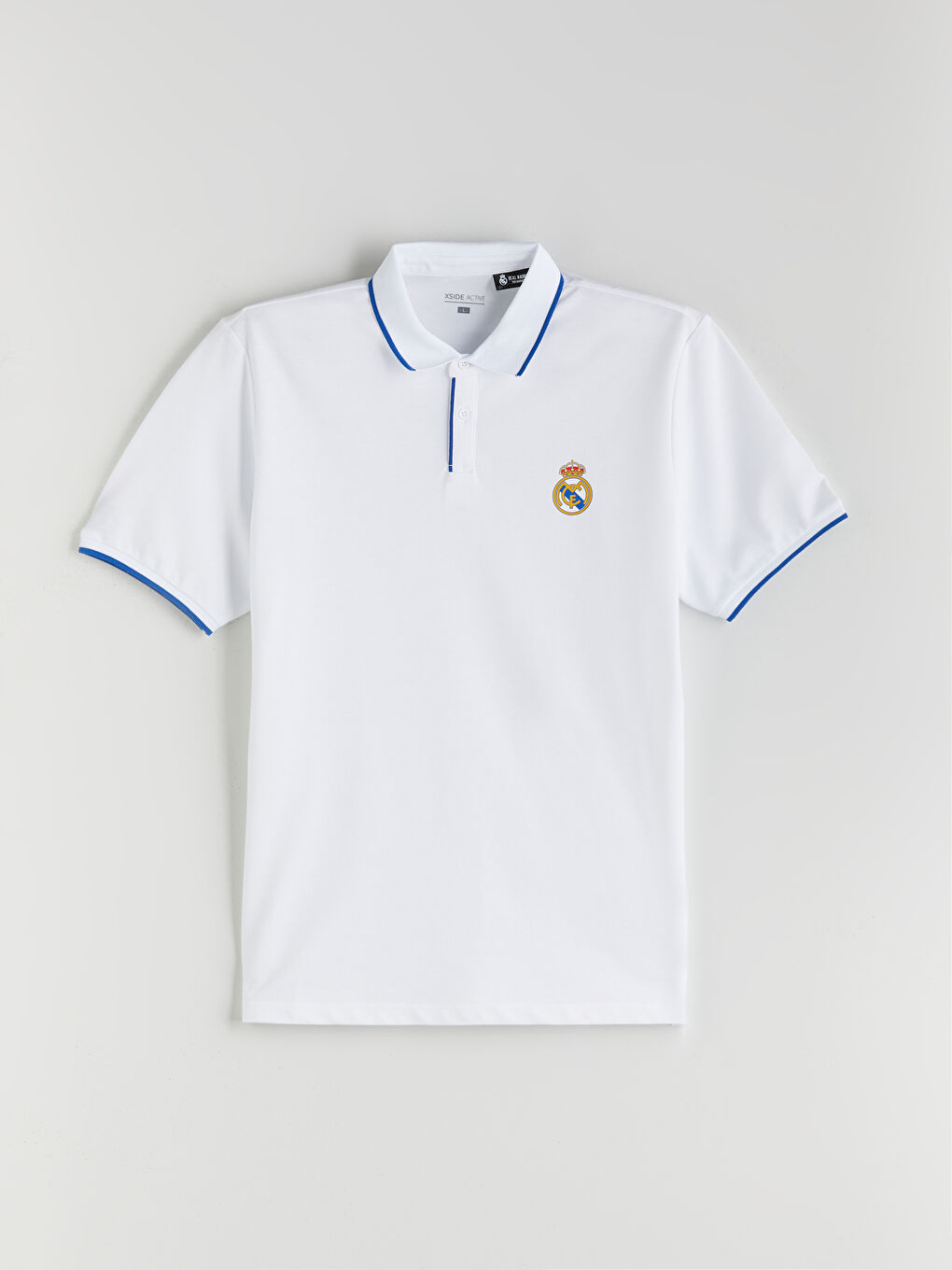 Beyaz Polo Yaka Real Madrid Baskılı Erkek Taraftar Tişört-4