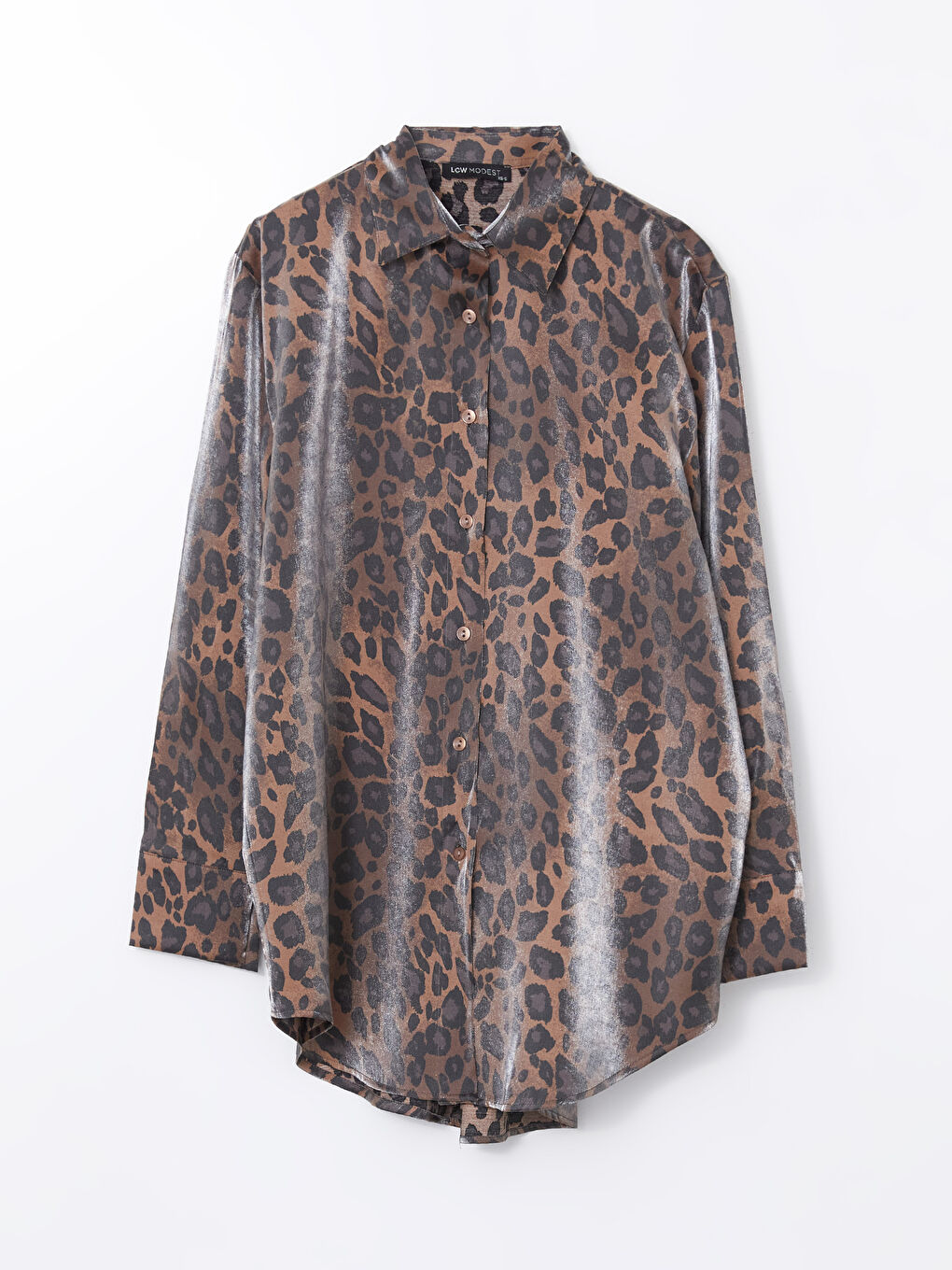 Kahverengi Leopar Desenli Oversize Saten Kadın Gömlek Tunik-4