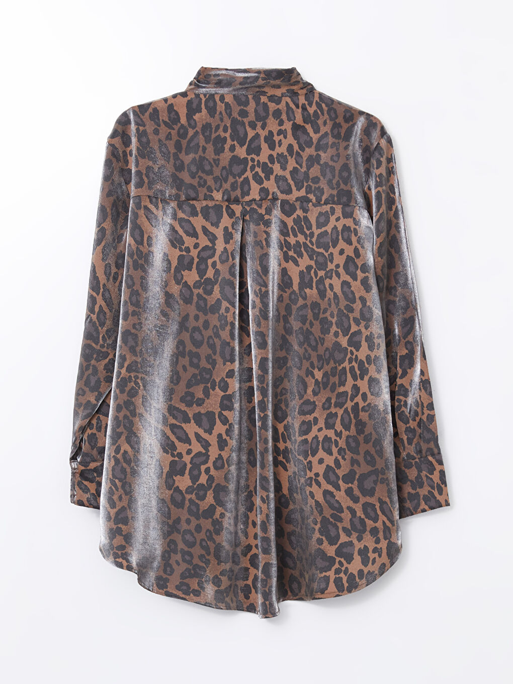 Kahverengi Leopar Desenli Oversize Saten Kadın Gömlek Tunik-5