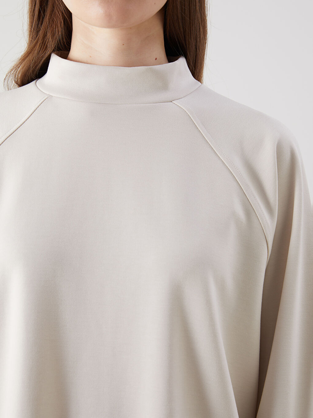 Bej Dik Yaka Oversize Kadın Sweatshirt Tunik-2