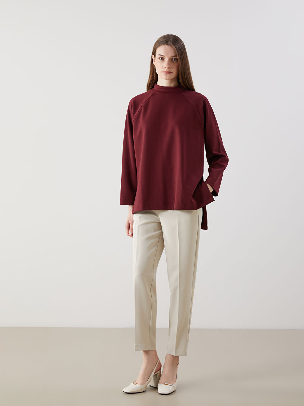 Bordo Dik Yaka Oversize Kadın Sweatshirt Tunik-1