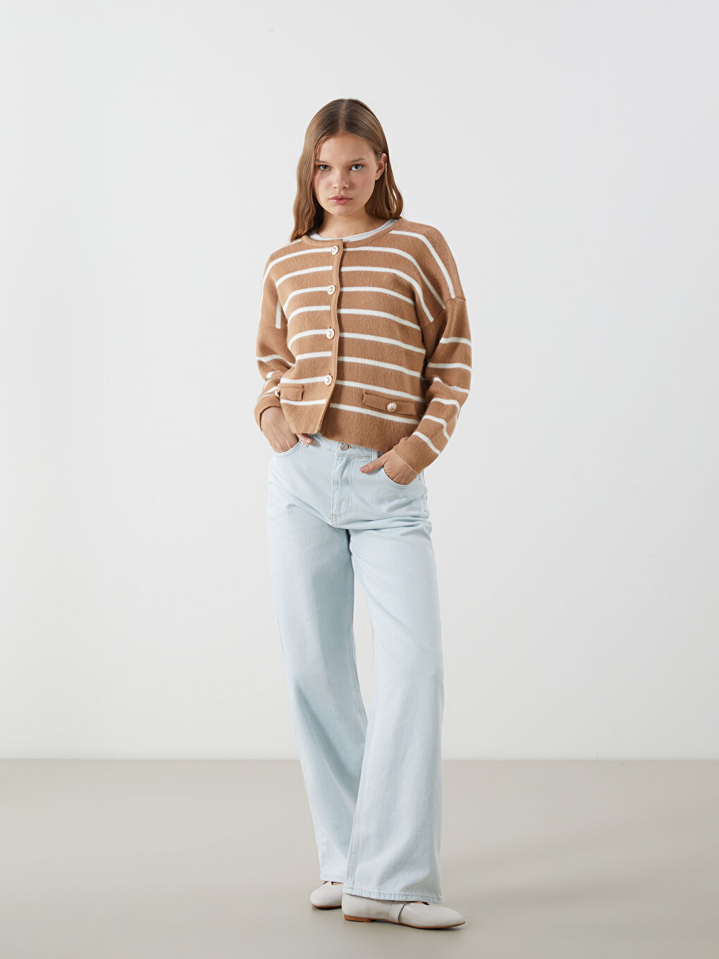 Crew Neck Striped Women's Knitwear Cardigan -S5MY08Z8-LKM
