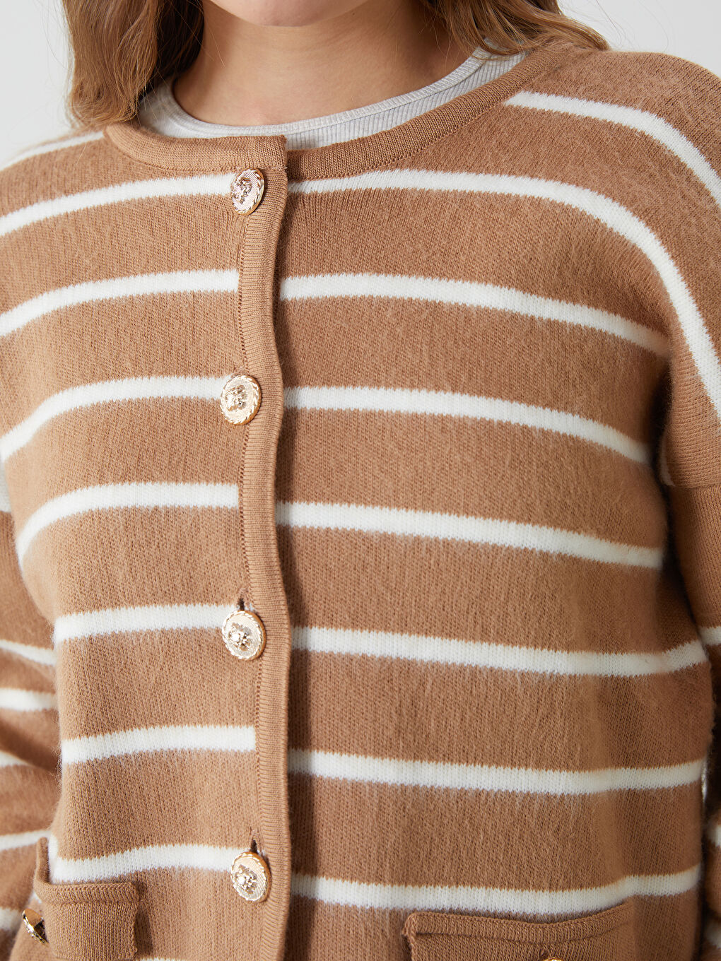 Crew Neck Striped Women's Knitwear Cardigan -S5MY08Z8-LKM