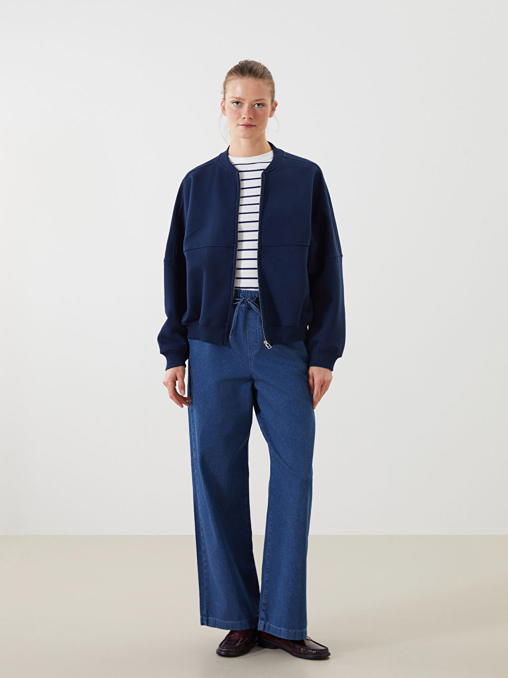 Lacivert Kolej Yaka Kadın Fermuarlı Sweatshirt-1