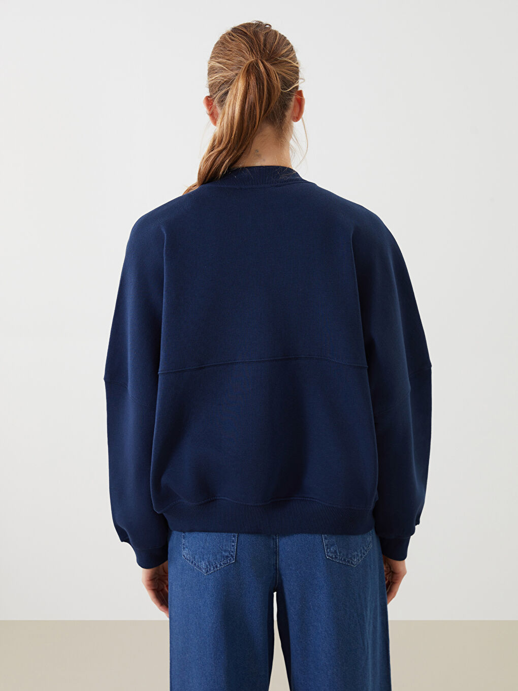 Lacivert Kolej Yaka Kadın Fermuarlı Sweatshirt-3