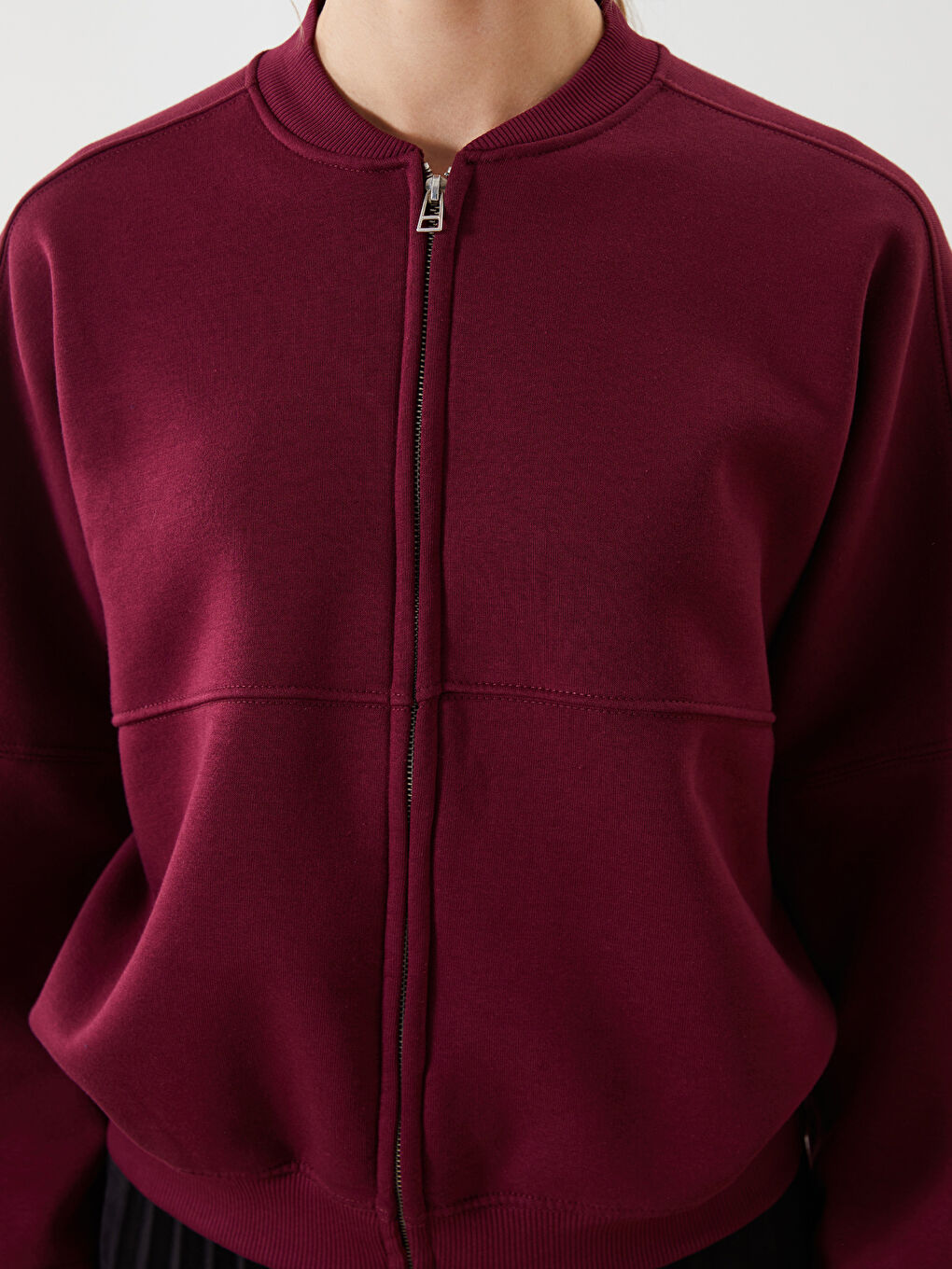Bordo Kolej Yaka Kadın Fermuarlı Sweatshirt-2