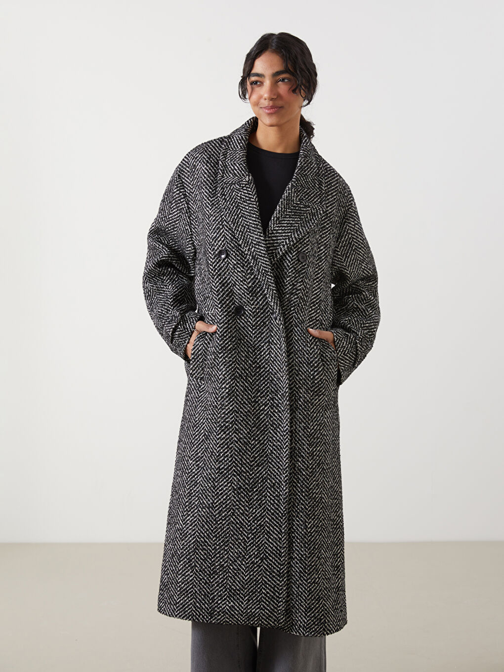 Antrasit Ceket Yaka Desenli Kadın Kaşe Kaban-1