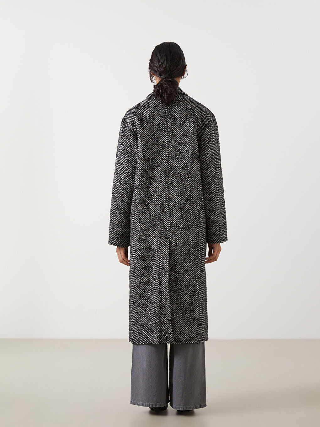 Antrasit Ceket Yaka Desenli Kadın Kaşe Kaban-3