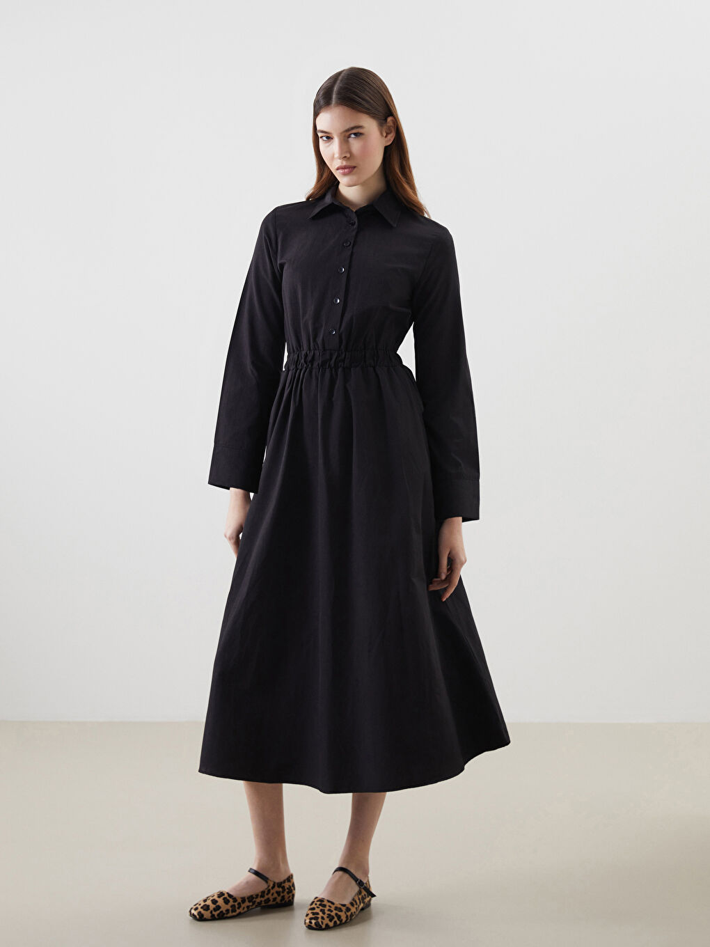 Siyah Gömlek Yaka Poplin Kadın Elbise
