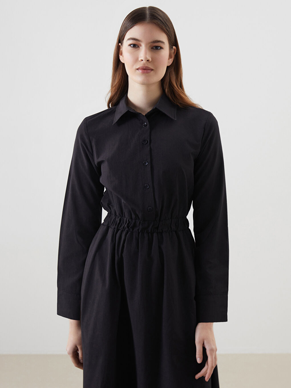 Siyah Gömlek Yaka Poplin Kadın Elbise-1