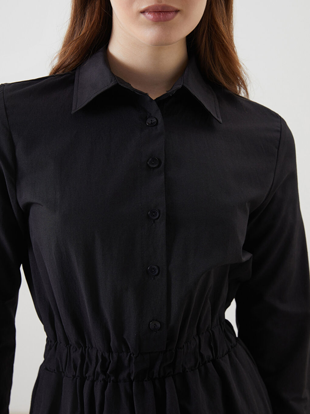 Siyah Gömlek Yaka Poplin Kadın Elbise-2