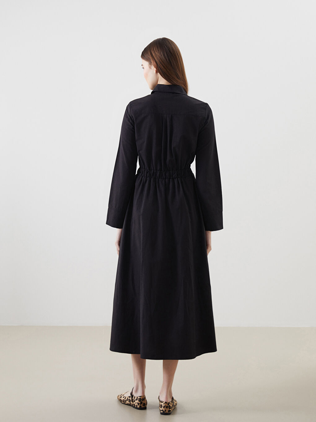 Siyah Gömlek Yaka Poplin Kadın Elbise-3