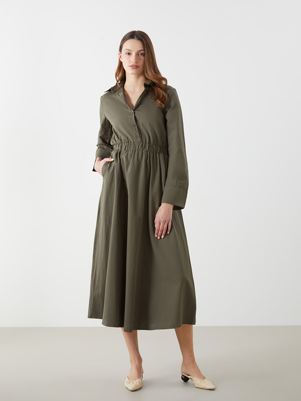 Haki Gömlek Yaka Poplin Kadın Elbise