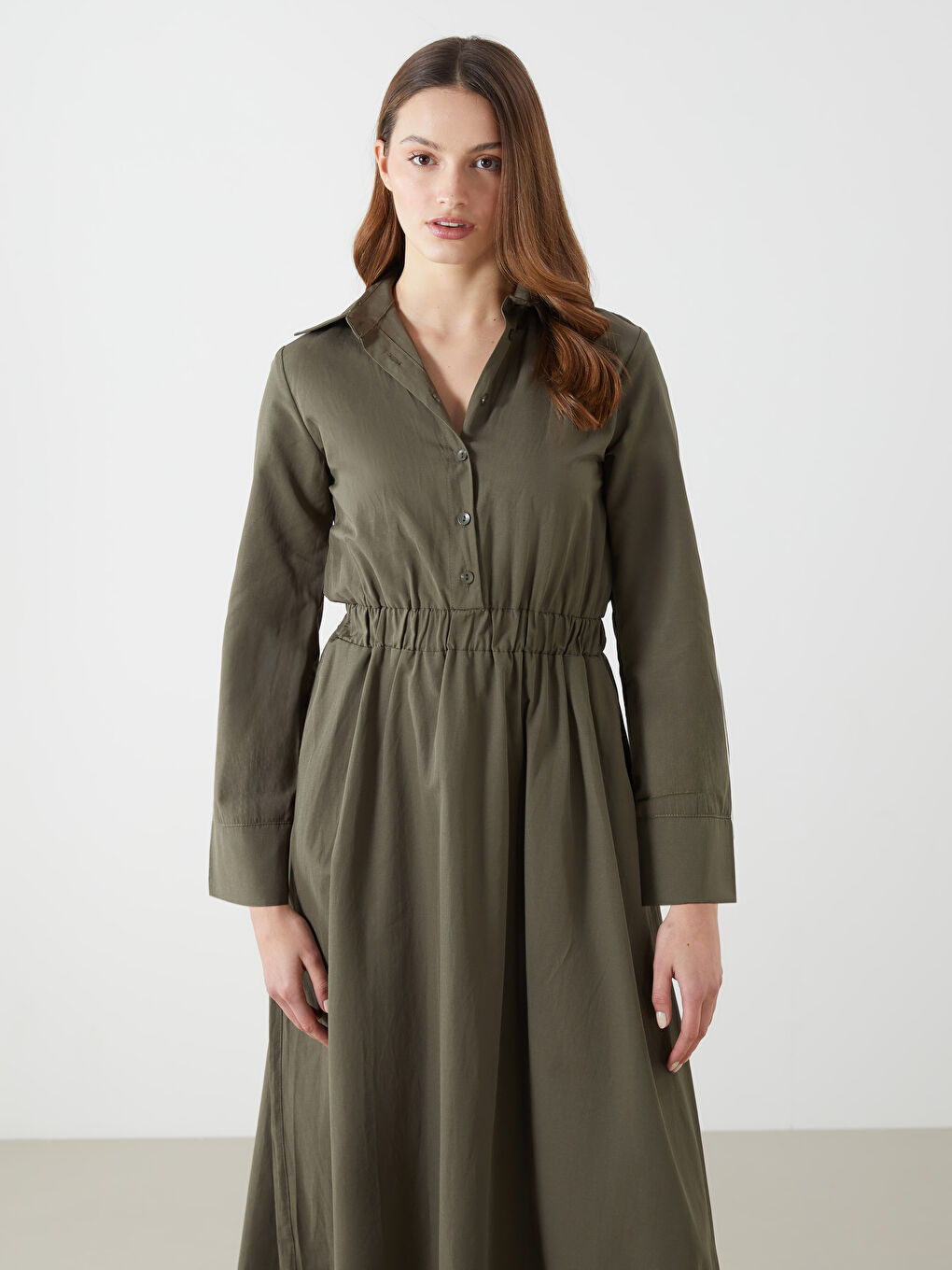 Haki Gömlek Yaka Poplin Kadın Elbise-1