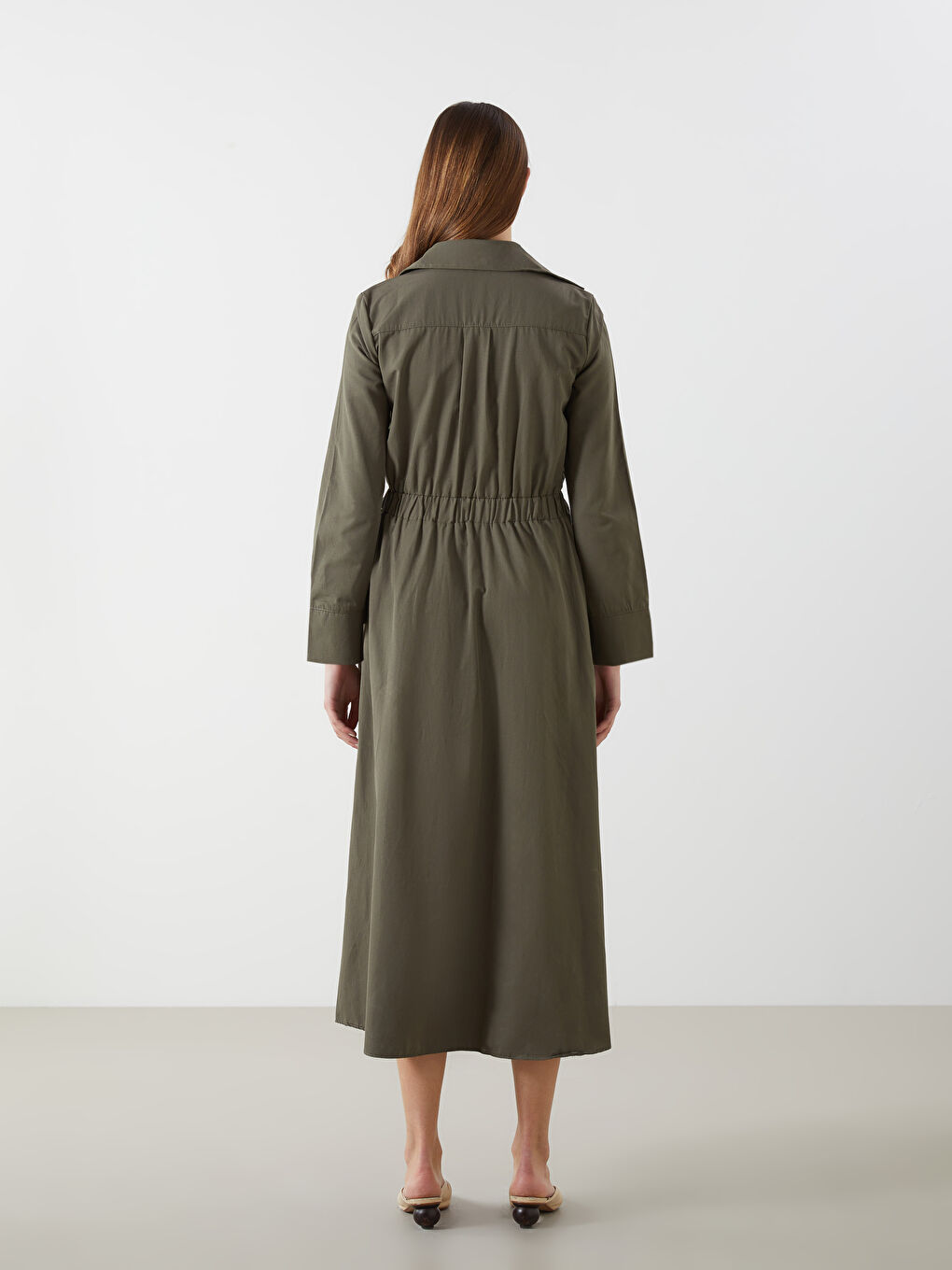 Haki Gömlek Yaka Poplin Kadın Elbise-3