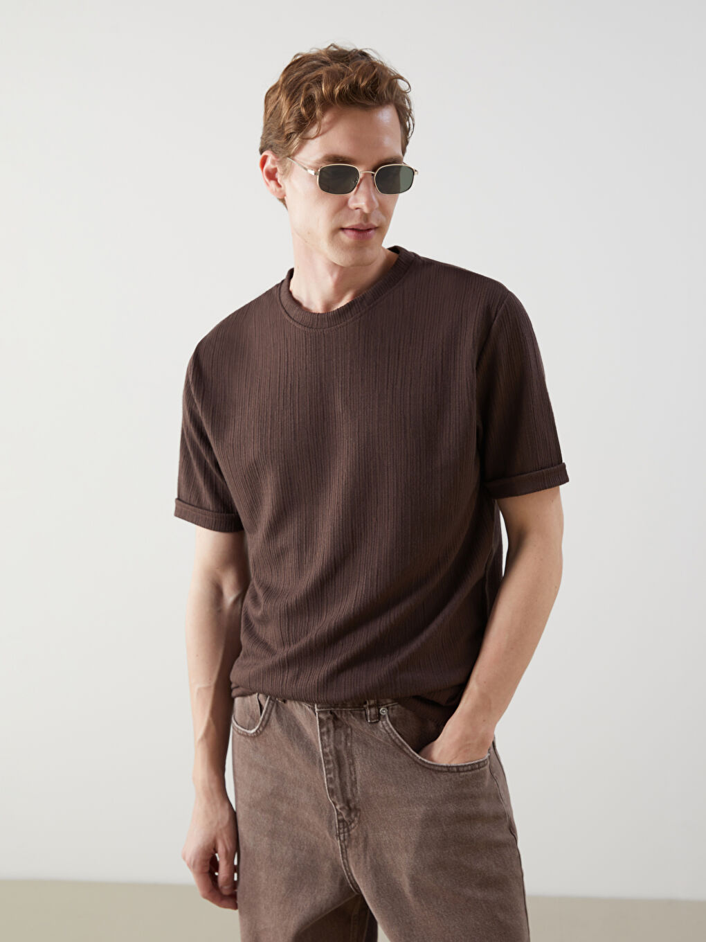 Kahverengi Bisiklet Yaka Kısa Kollu Erkek Tişört