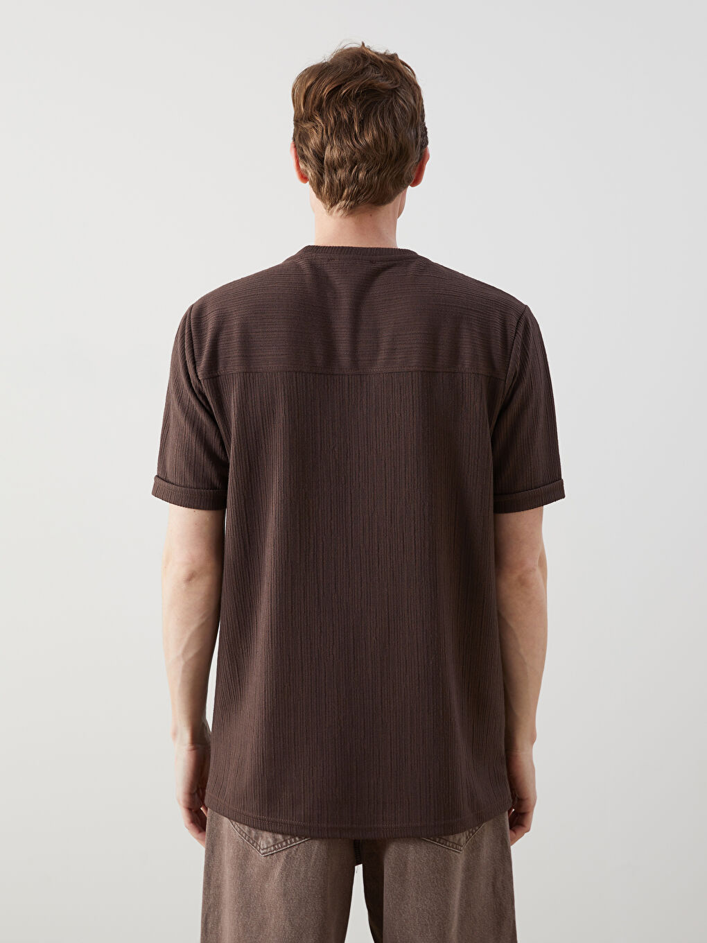 Kahverengi Bisiklet Yaka Kısa Kollu Erkek Tişört-3