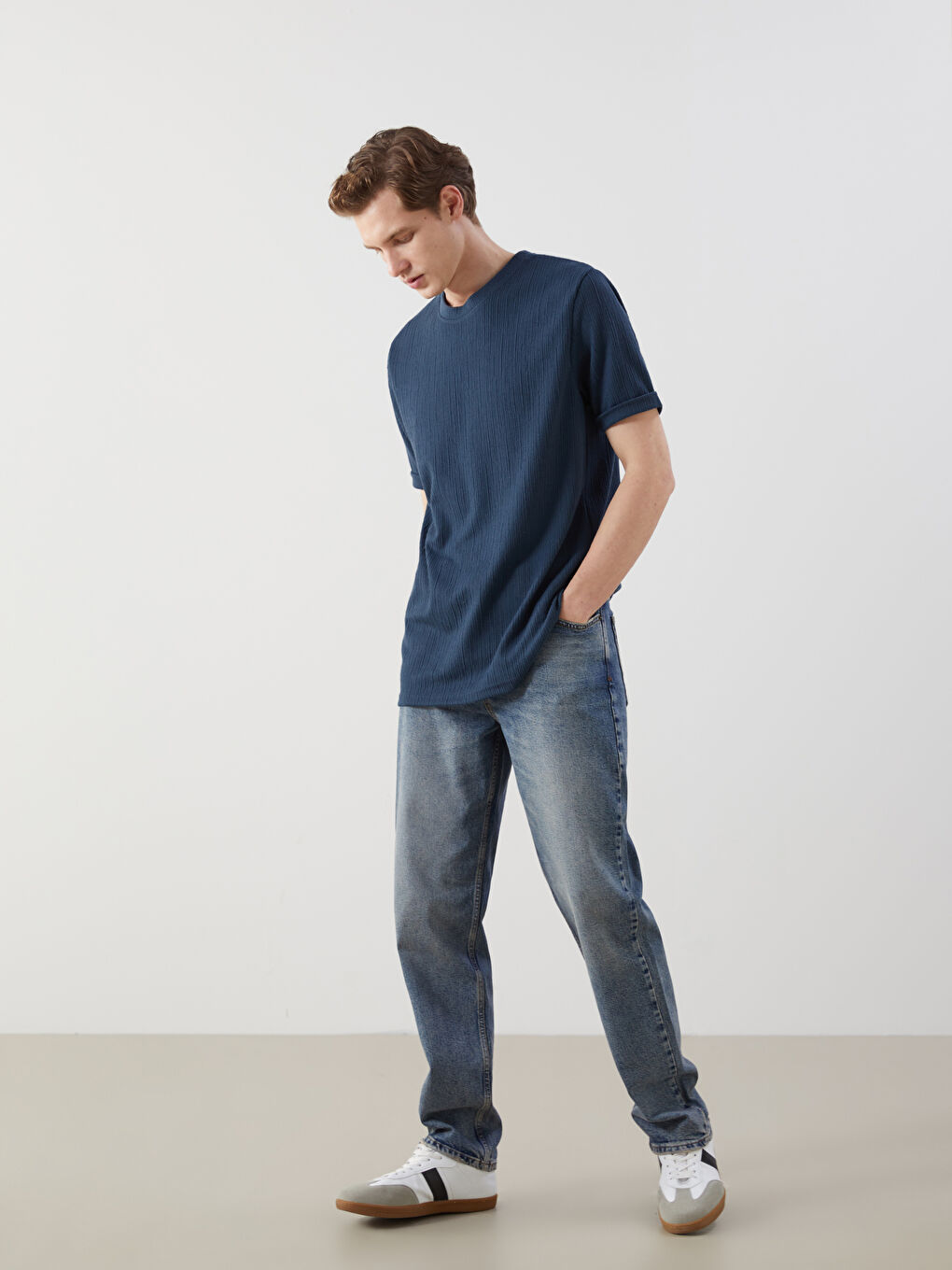 Petrol Bisiklet Yaka Kısa Kollu Erkek Tişört-1