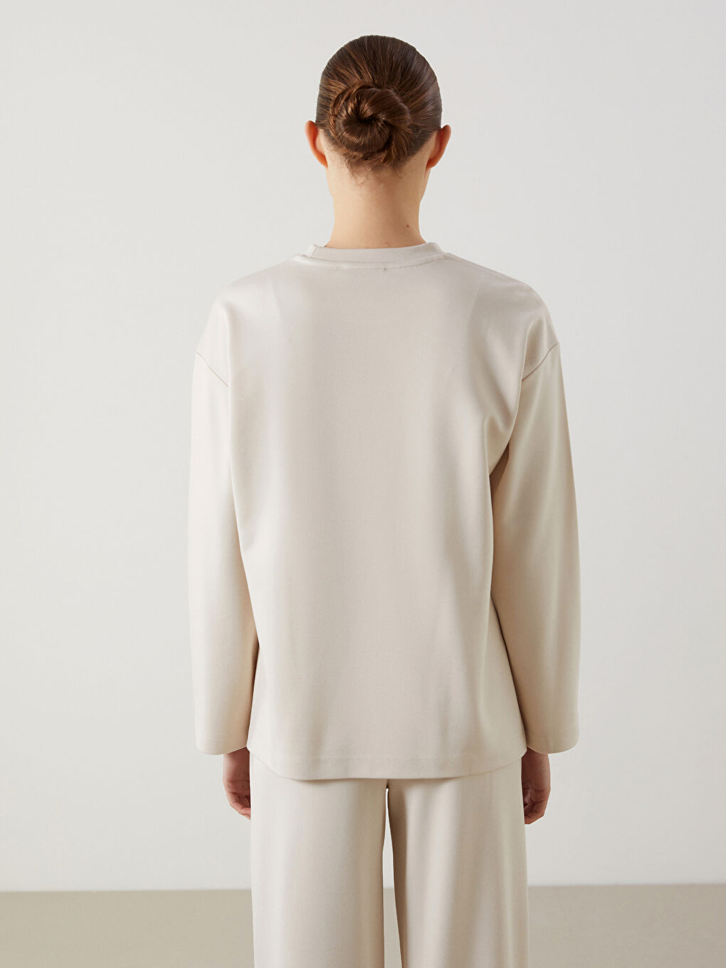 Bej Bisiklet Yaka Oversize Kadın Sweatshirt Tunik-3