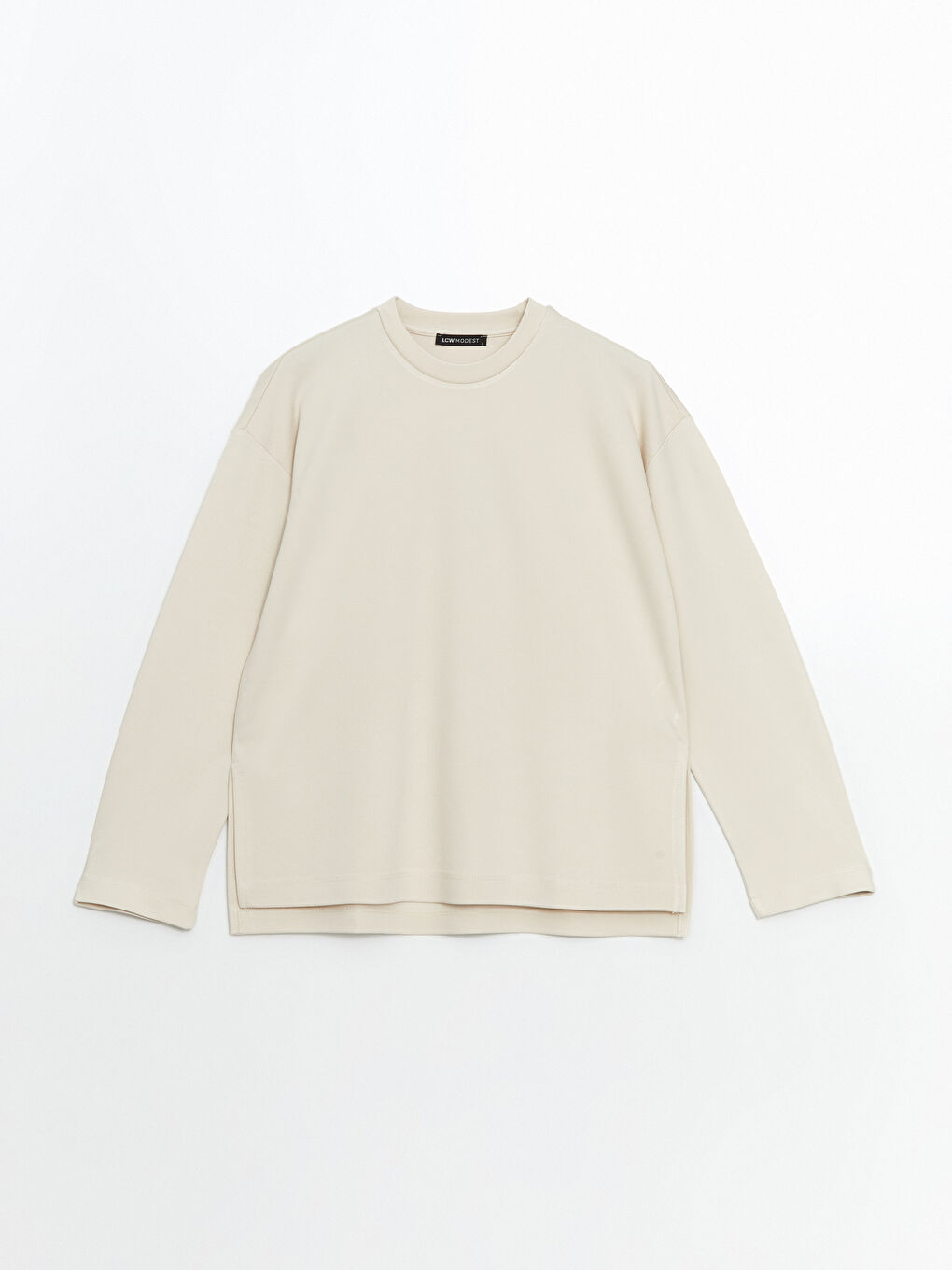 Bej Bisiklet Yaka Oversize Kadın Sweatshirt Tunik-4