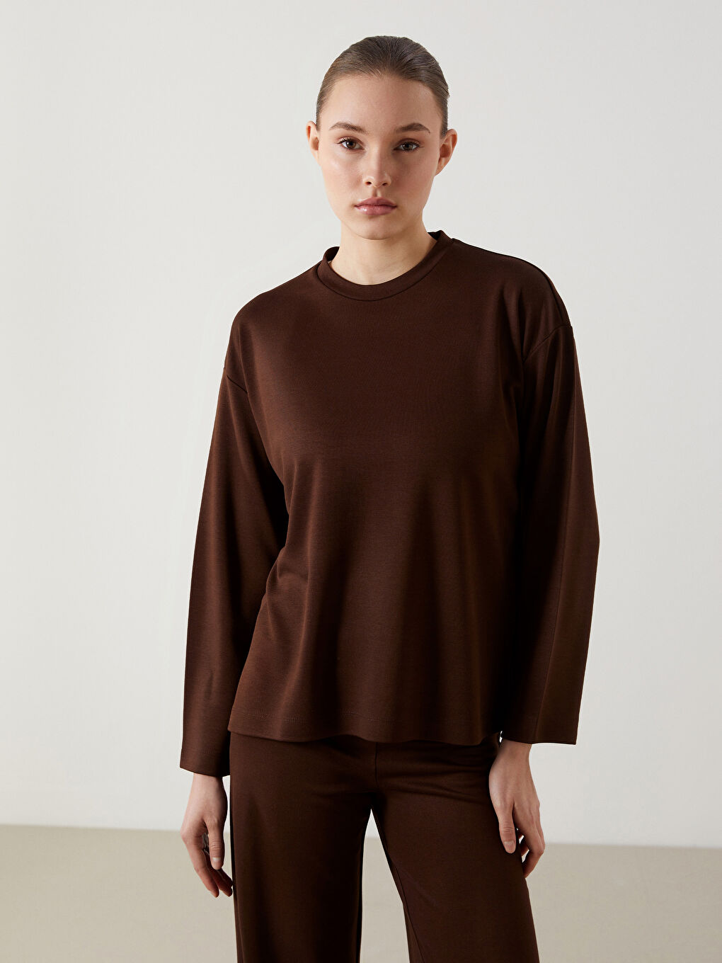 Kahverengi Bisiklet Yaka Oversize Kadın Sweatshirt Tunik