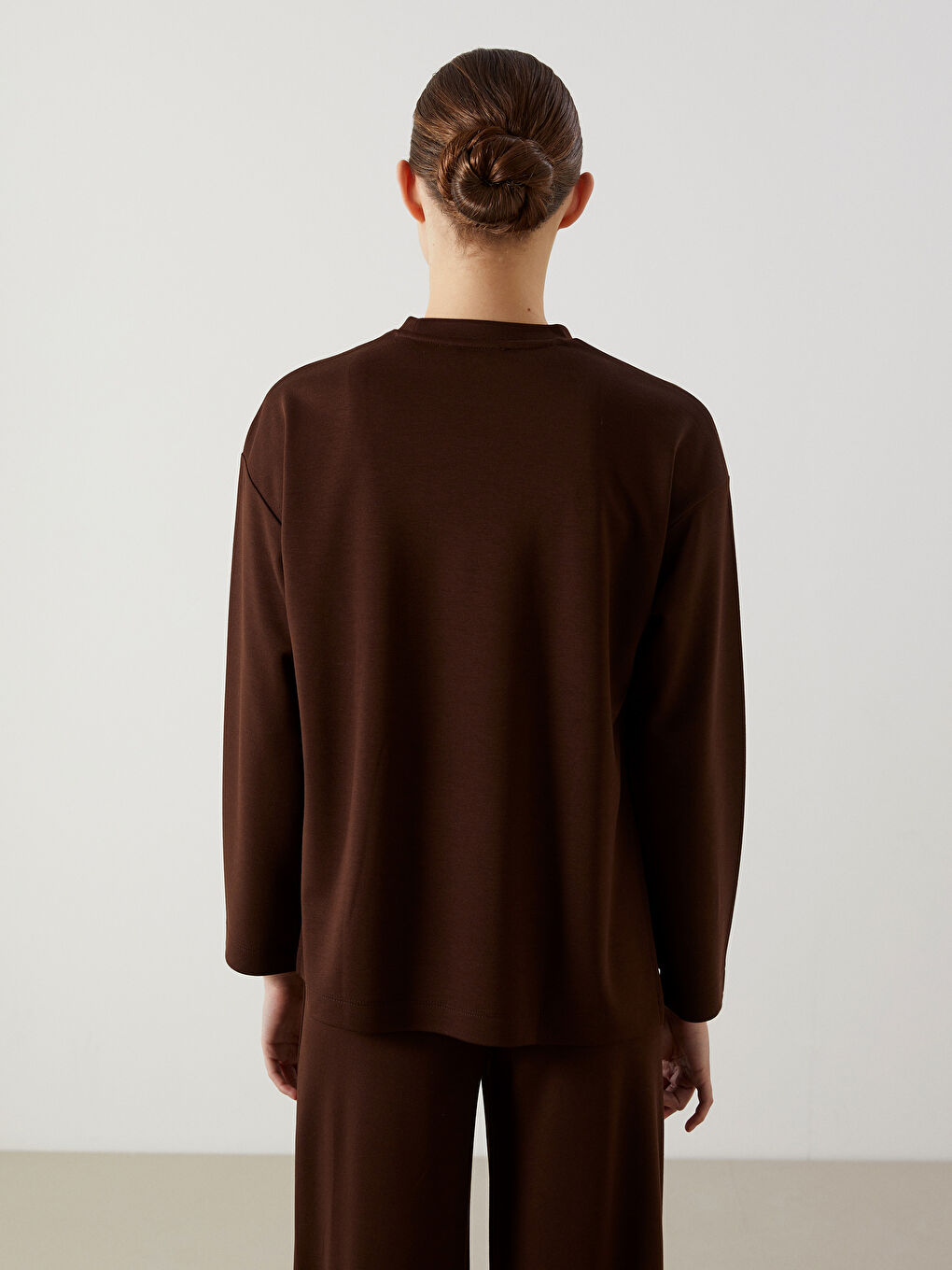 Kahverengi Bisiklet Yaka Oversize Kadın Sweatshirt Tunik-3