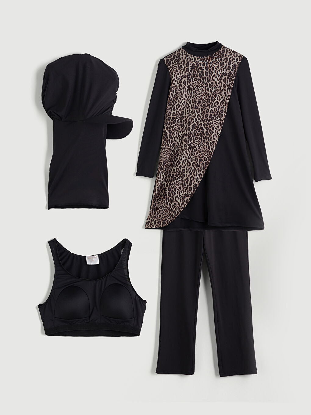 Siyah Dik Yaka Leopar Desenli Kadın Tesettür Mayo Takımı-4